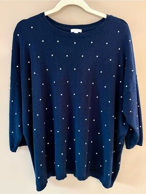 J. Jill 2X Navy Lightweight Spring Sweater w/ White Embroidered Polka Dots